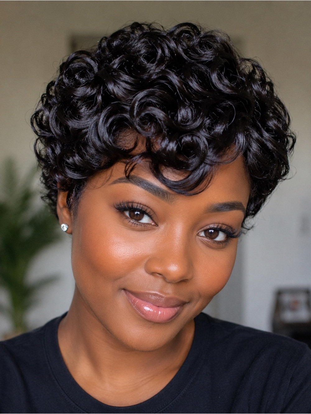 Short Curly human hair in Natural Black - Classic Pixie Style